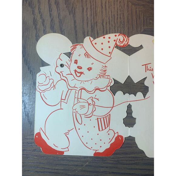 Birthday Greetings, 2-Year-Old, Funny Clown, 1950s Vintage Greeting Card, - Picture 2 of 3